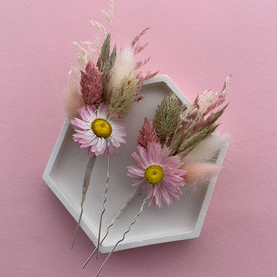 Pink daisy dried flower hair pins