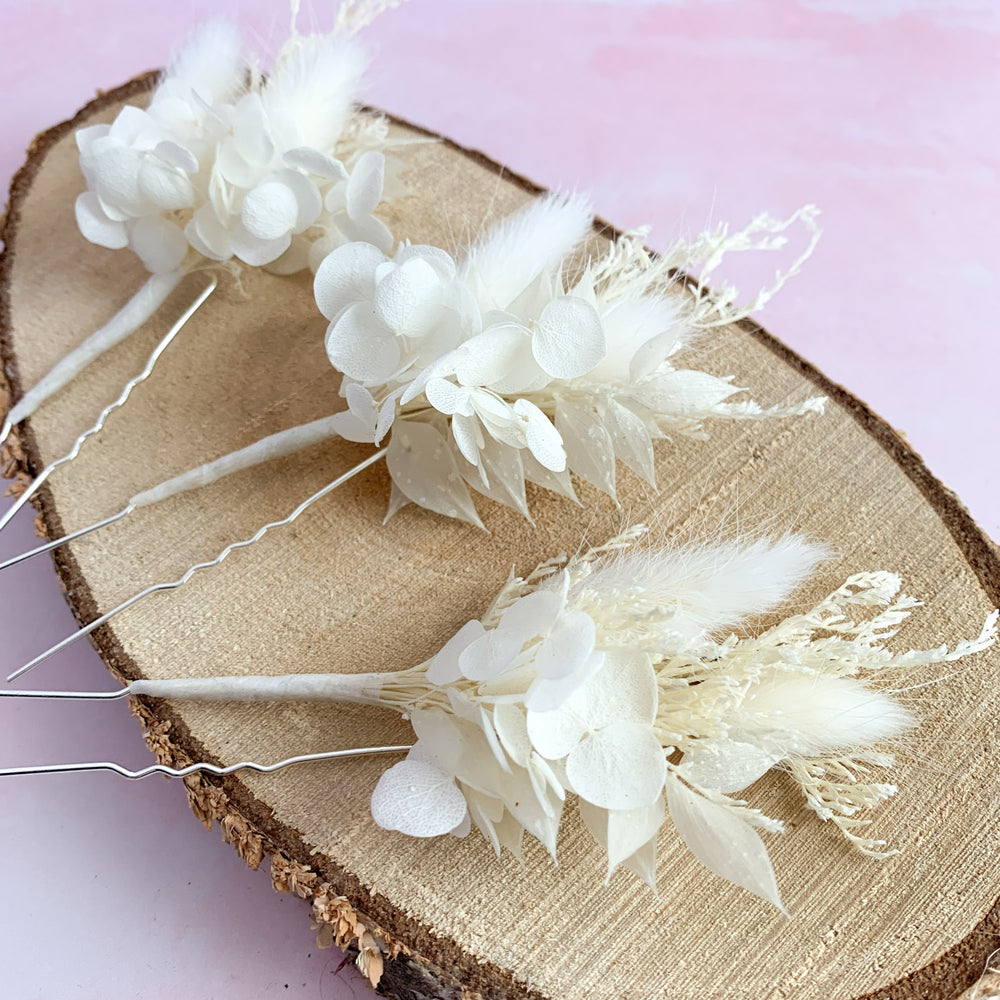 white hydrangea hair pins