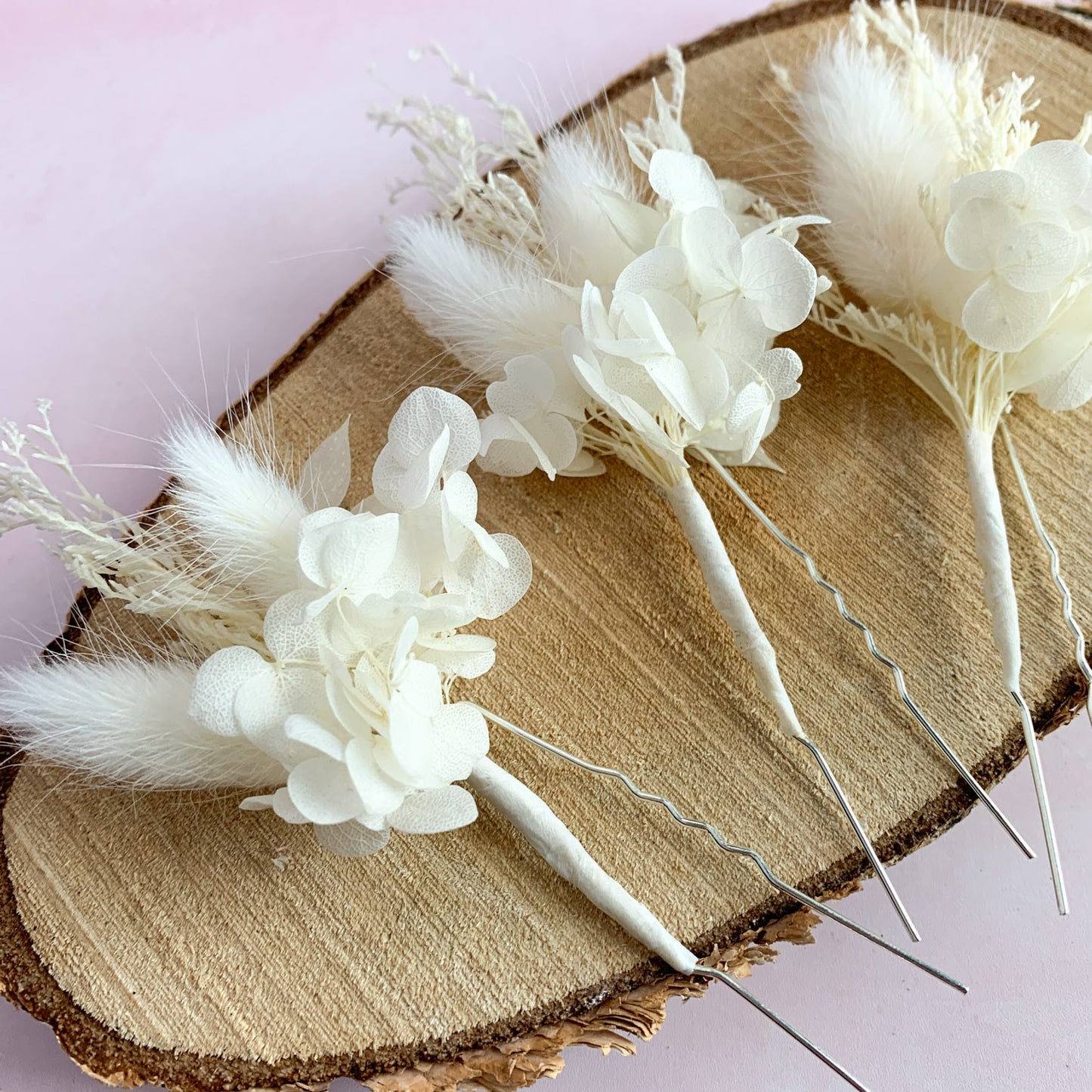 White dried flower hair pins