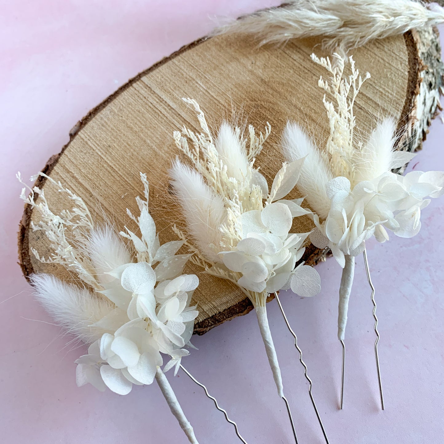 White dried flower hair pins