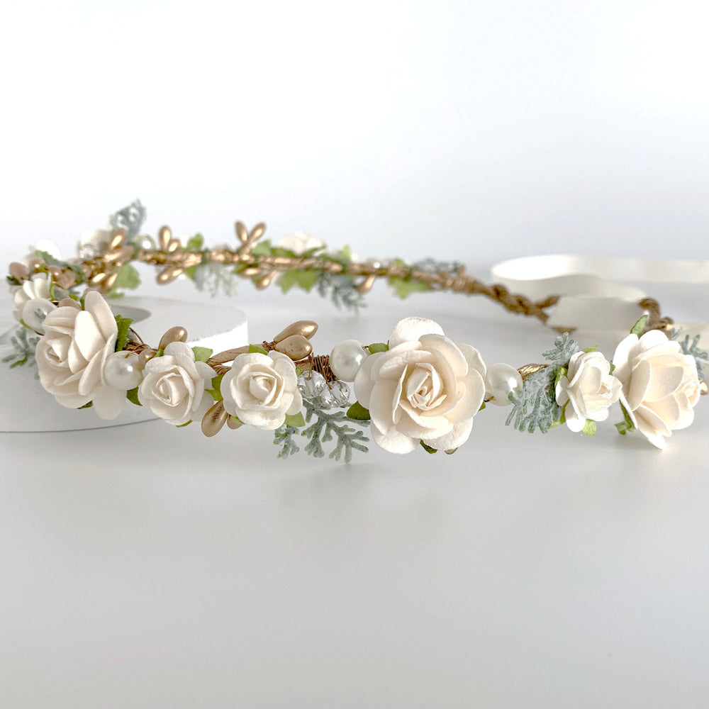 gold and ivory flower crown rustic wedding