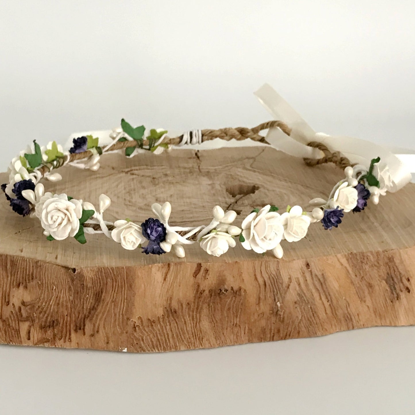 indigo navy and ivory flower crown for wedding