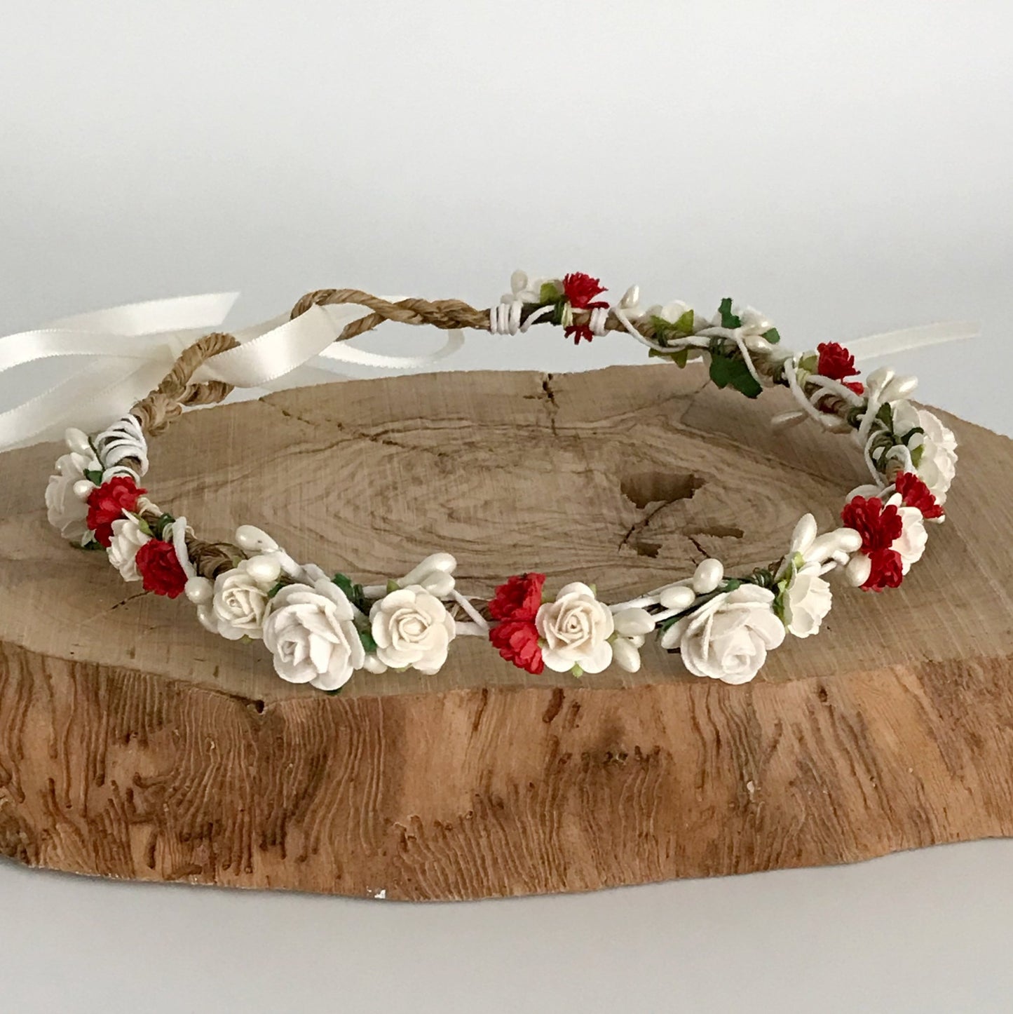 red and ivory wedding flower crown for woodland wedding