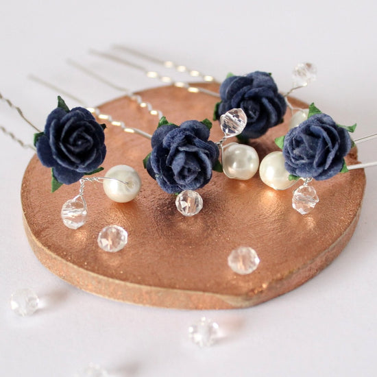 Load image into Gallery viewer, navy rose hair pins with pearls
