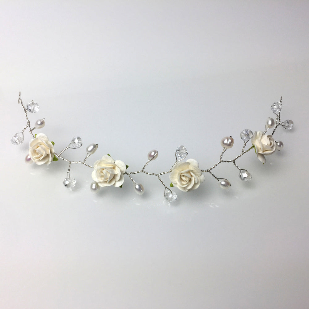 ivory rose hair vine for wedding with freshwater pearls