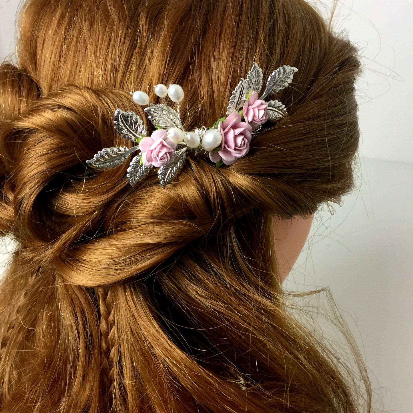 rose and silver leaf wedding hair comb