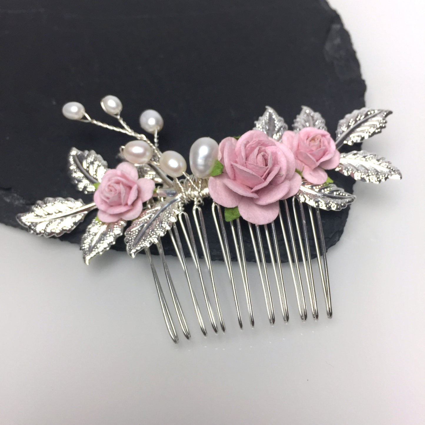 Load image into Gallery viewer, blush pink rose and silver leaf wedding hair comb
