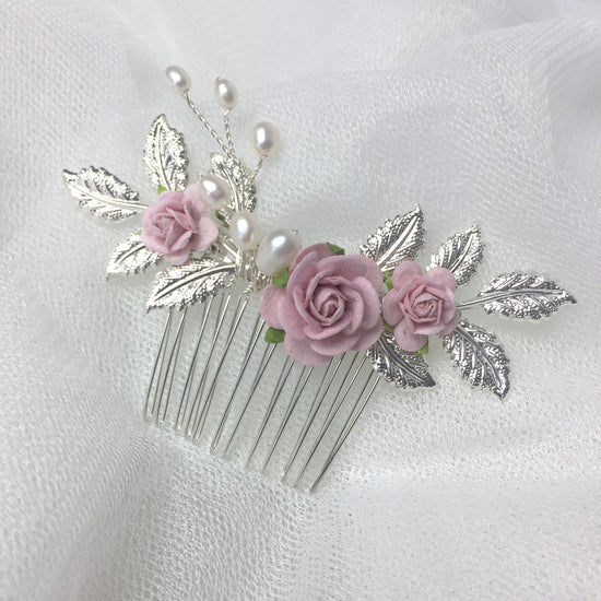 blush pink rose and silver leaf wedding hair accessories