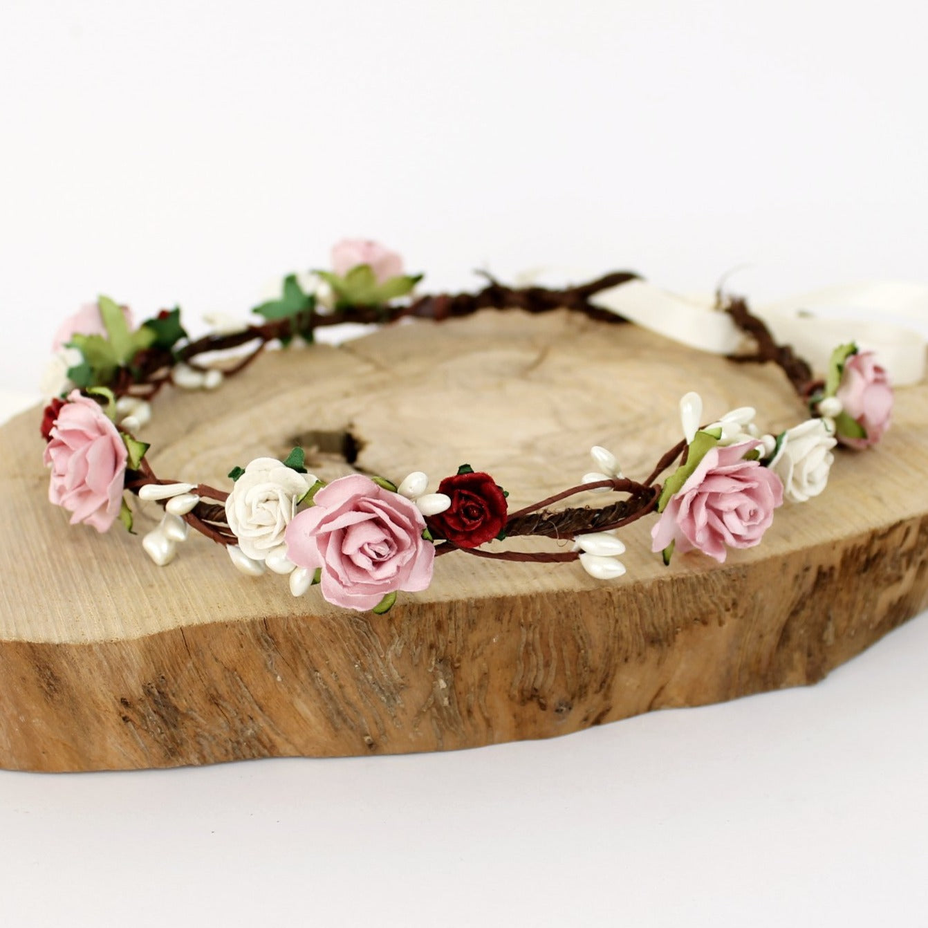 deep red and dusky pink flower crown