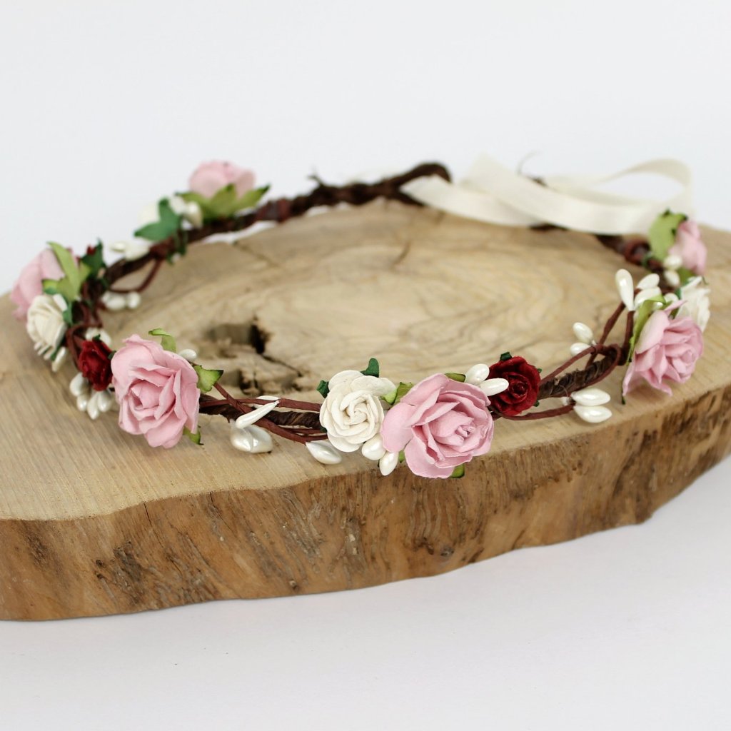 Load image into Gallery viewer, burgundy and dusky pink flower crown
