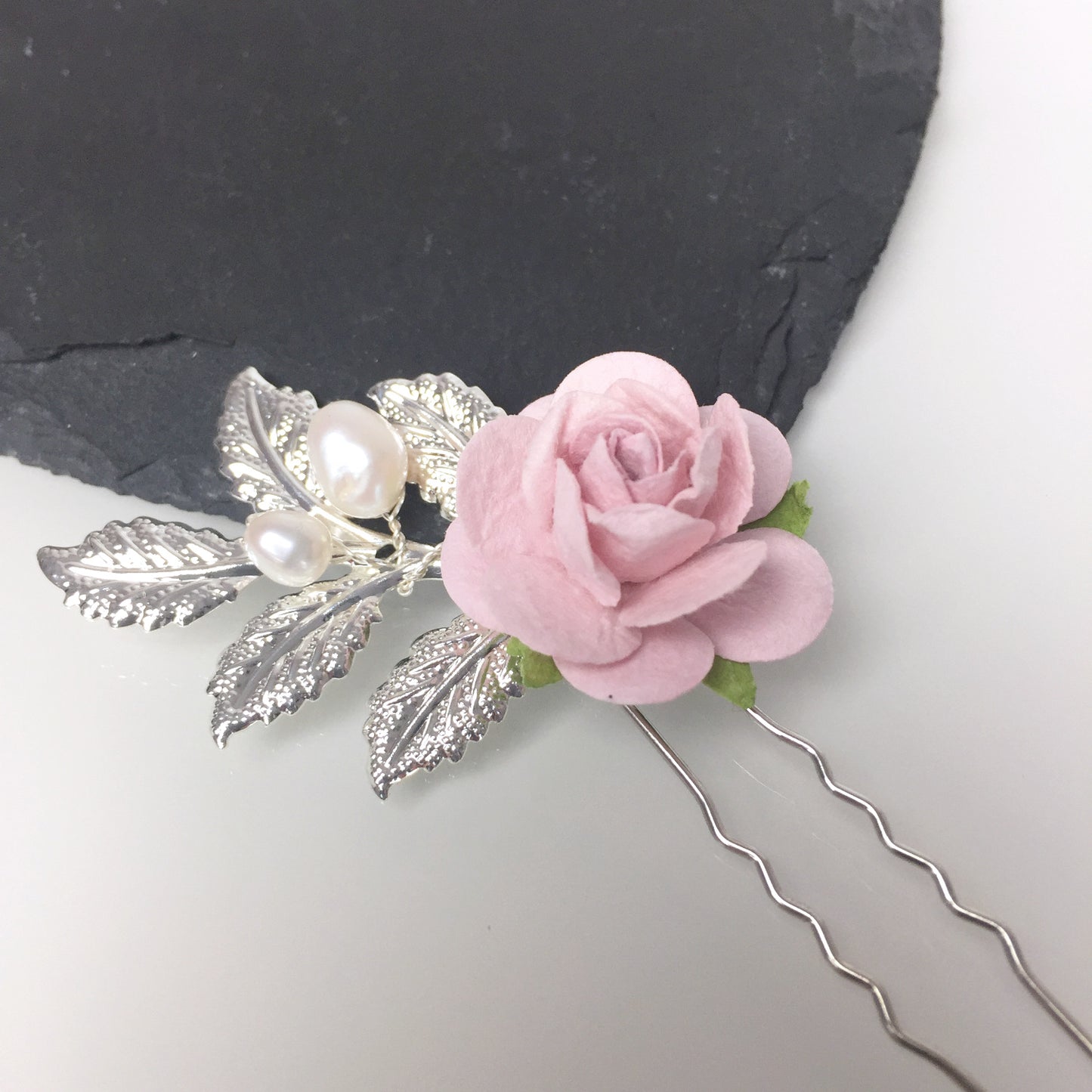 Load image into Gallery viewer, blush pink rose silver hair pin
