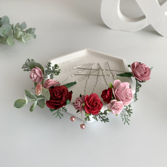 Load image into Gallery viewer, red pink rose hair pins wedding
