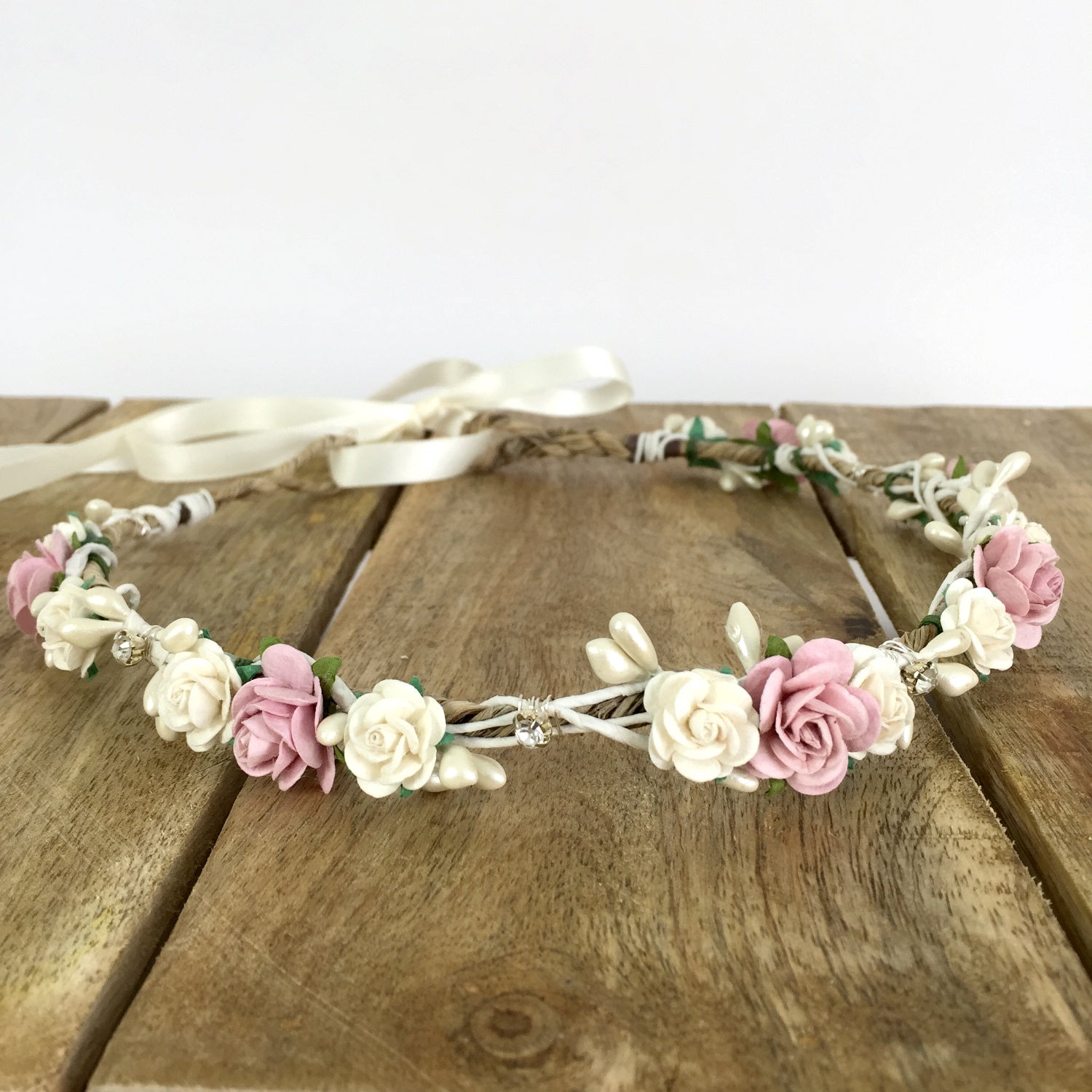 MEGHAN Rose Pink and Ivory Diamante Flower Crown