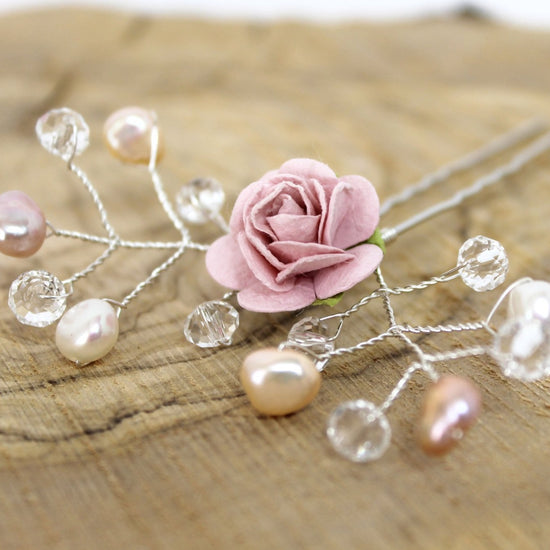 Load image into Gallery viewer, pink flower and pearl wedding hair pin
