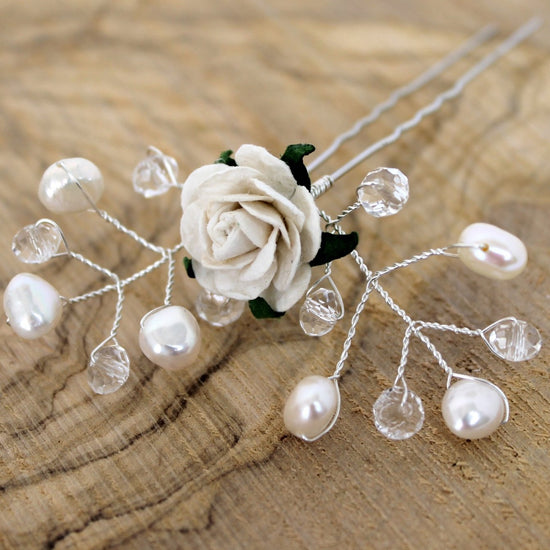 Load image into Gallery viewer, bridal hair pin pearls and rose

