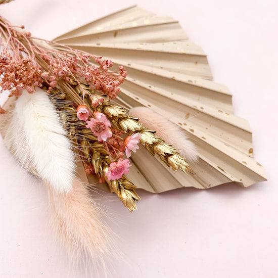 Almond fleck palm and pink dried flowers set