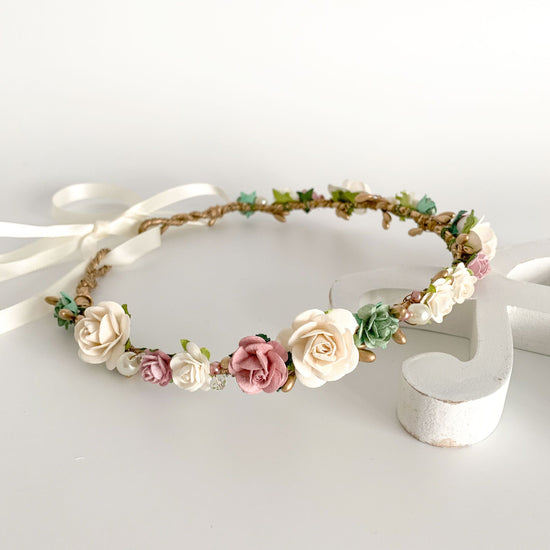 dusky rose and gold flower crown